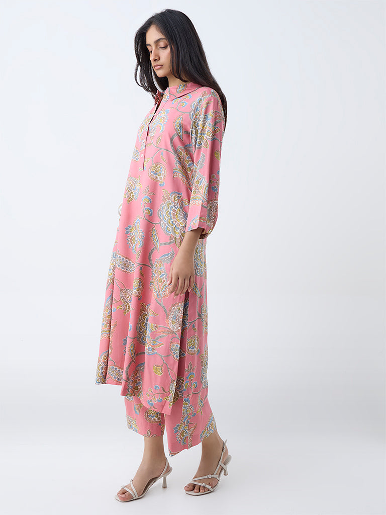 Westside Utsa Women's Dusty Pink Botanical Pattern A-Line Kurta for Work Wear Full View