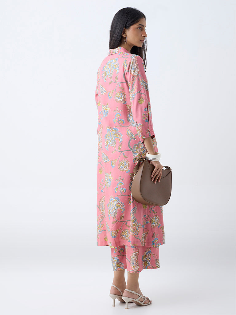 Westside Utsa Women's Dusty Pink Botanical Pattern A-Line Kurta for Work Wear Back View