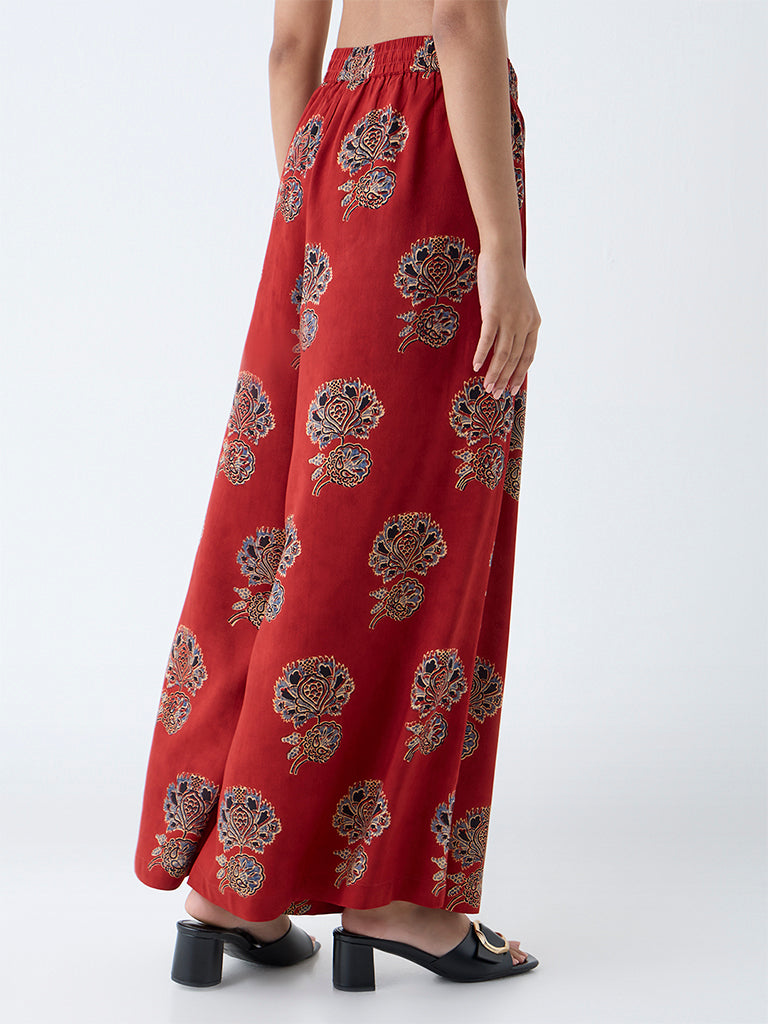 Westside Utsa Women's Red Floral Pattern Palazzos for Everyday Back View