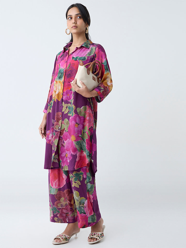 Westside Utsa Women's Purple Floral Pattern Ethnic Pants for Work Wear Full View