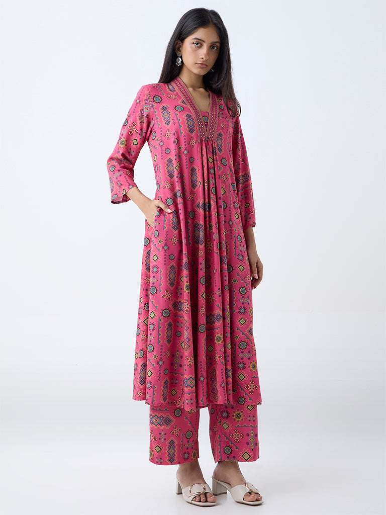 Westside Utsa Women's Pink Kutch-Inspired Ethnic Pants for Work Wear Full View