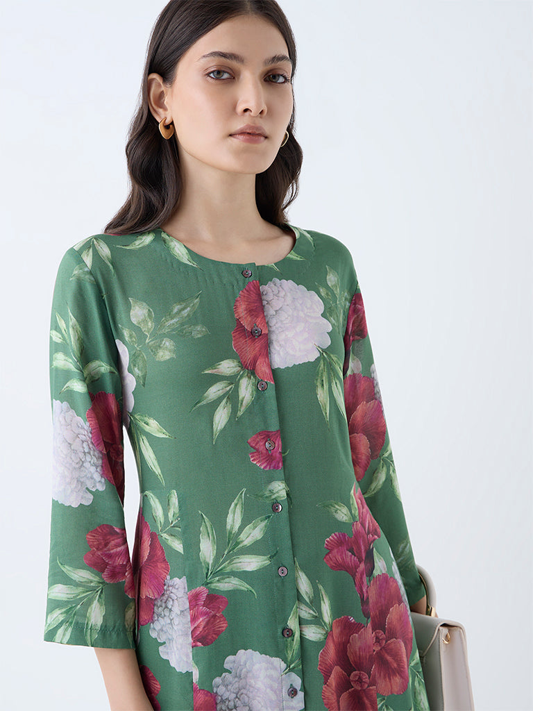 Zuba Dark Green Floral Printed A-Line Kurta
