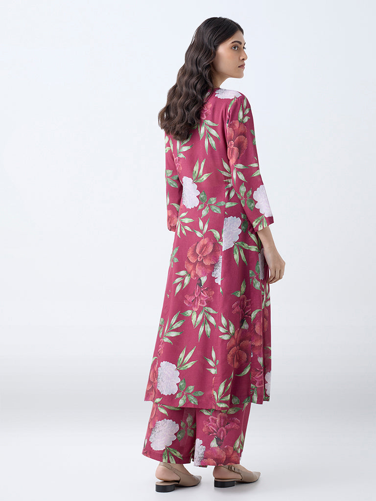 Zuba Red Floral Printed A-Line Kurta