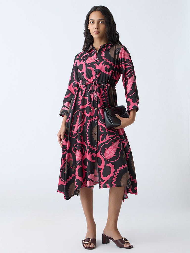 Westside Utsa Women's Black Foliage Pattern Shirt Dress for Work Wear Front View