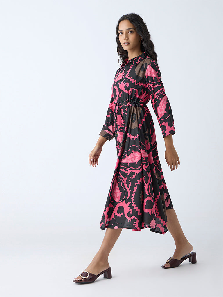 Westside Utsa Women's Black Foliage Pattern Shirt Dress for Work Wear Full View