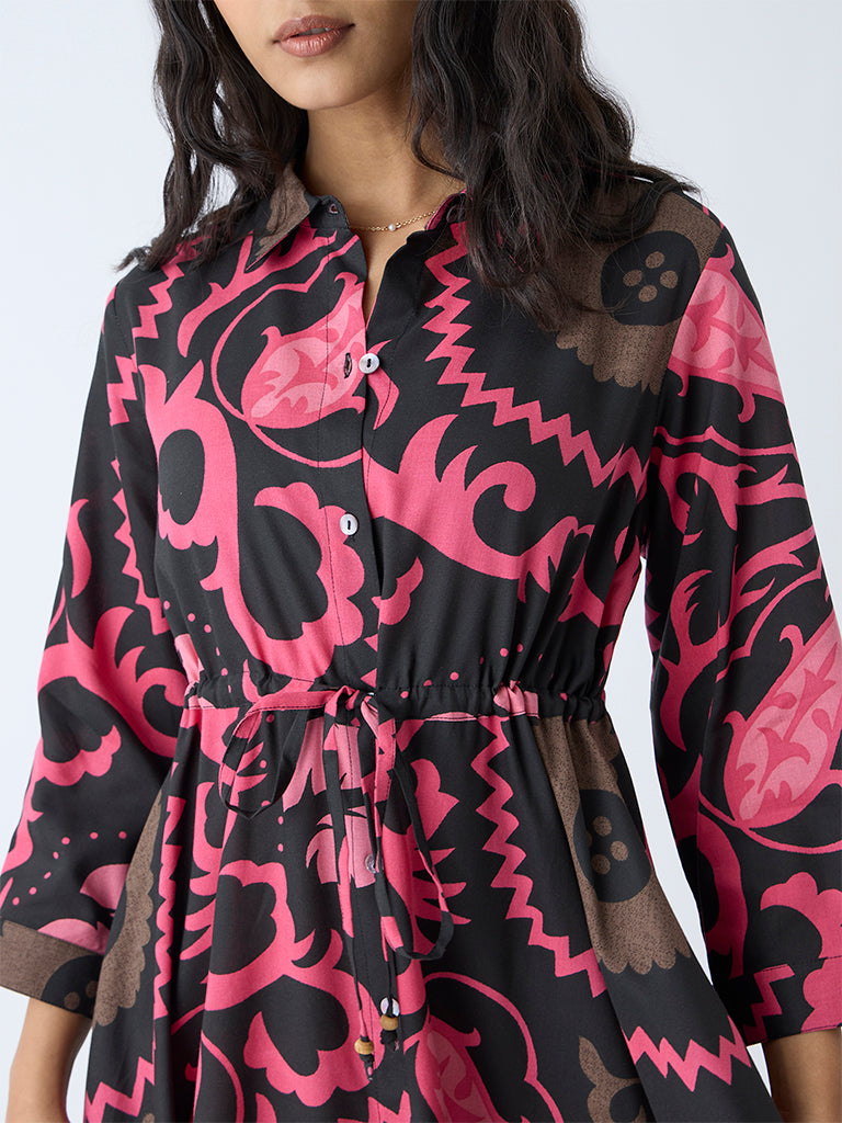 Westside Utsa Women's Black Foliage Pattern Shirt Dress for Work Wear Zoomed View