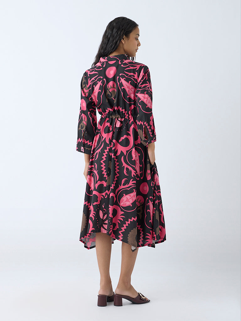 Westside Utsa Women's Black Foliage Pattern Shirt Dress for Work Wear Back View