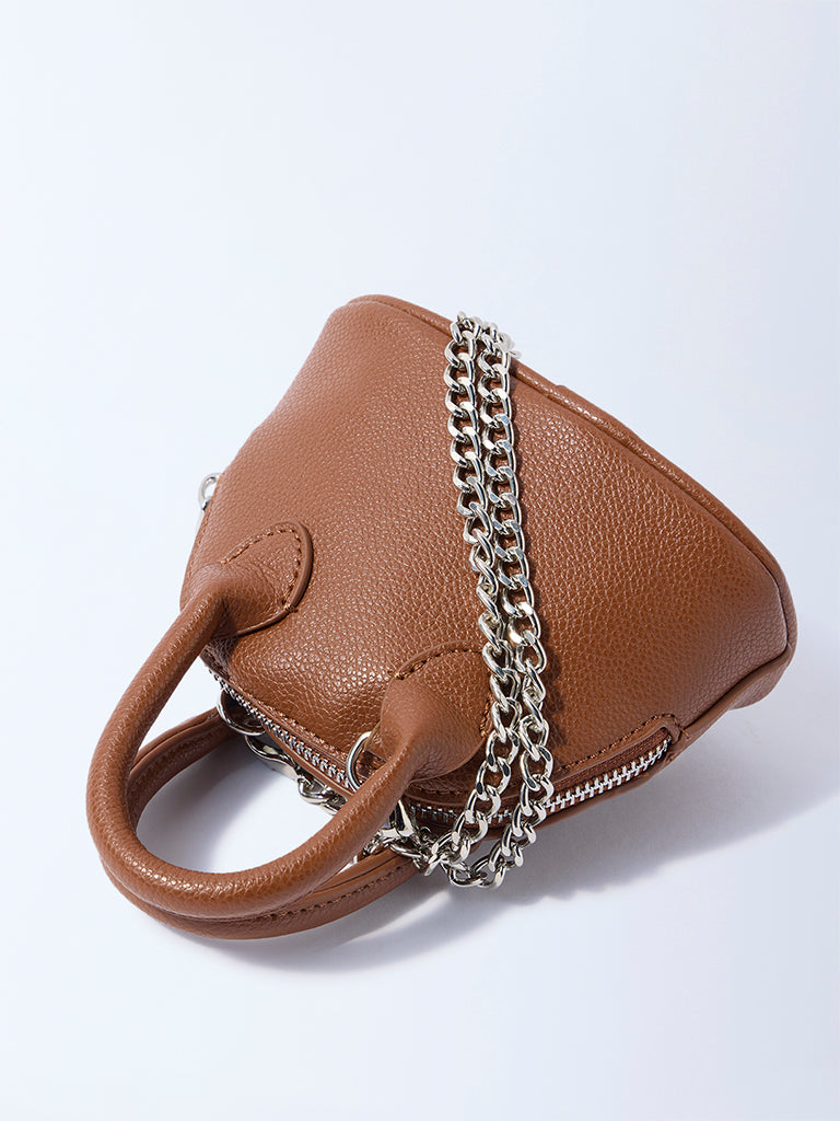 Westside Brown Textured Chain-Detailed Mini Sling Bag
