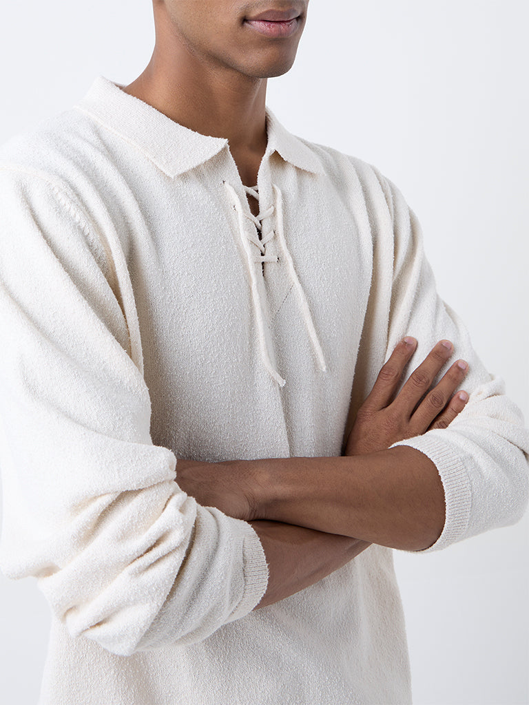 ETA Off-White Textured Relaxed-Fit Cotton-Blend Sweater