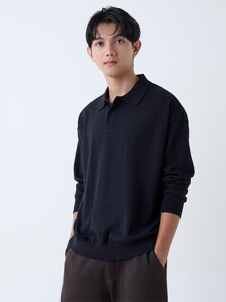 ETA Black Knit-Textured Relaxed-Fit Sweater