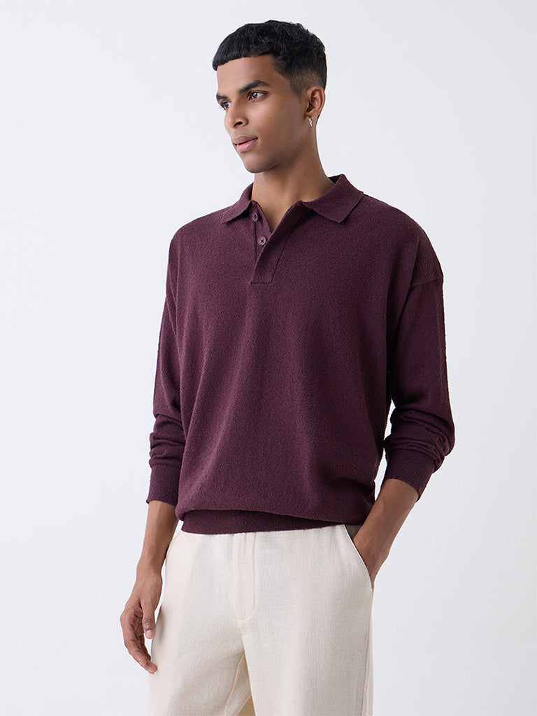 ETA Wine Knit Textured Relaxed-Fit Cotton-Blend Polo Sweater