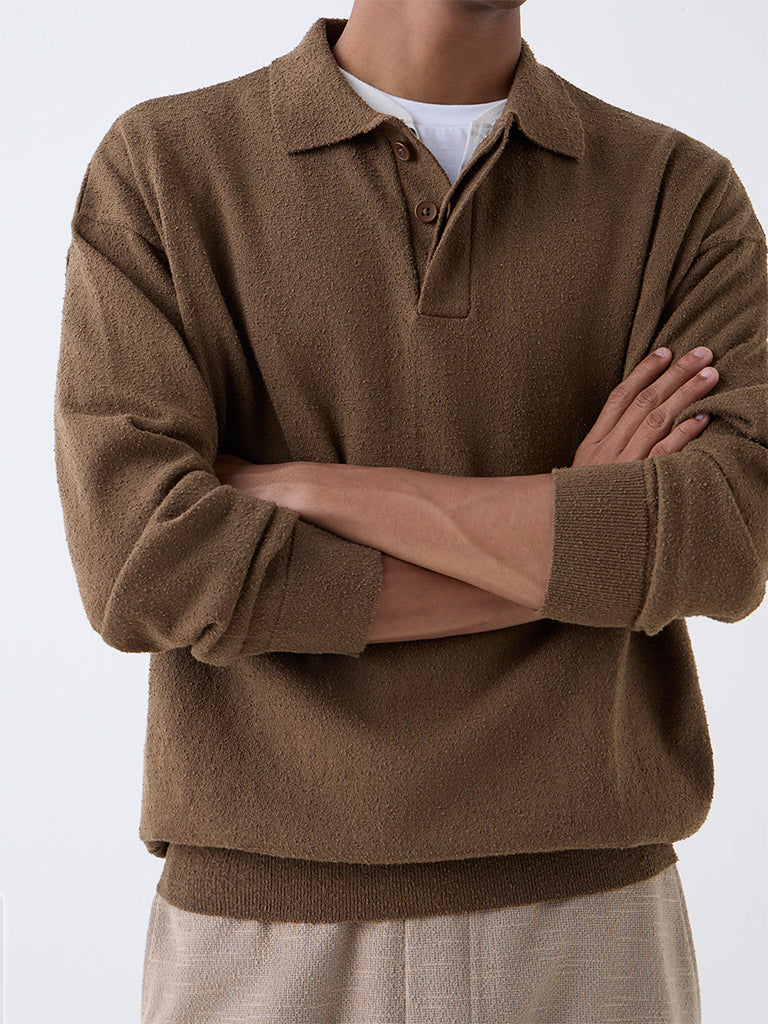 ETA Taupe Textured Relaxed-Fit Cotton-Blend Polo Sweater