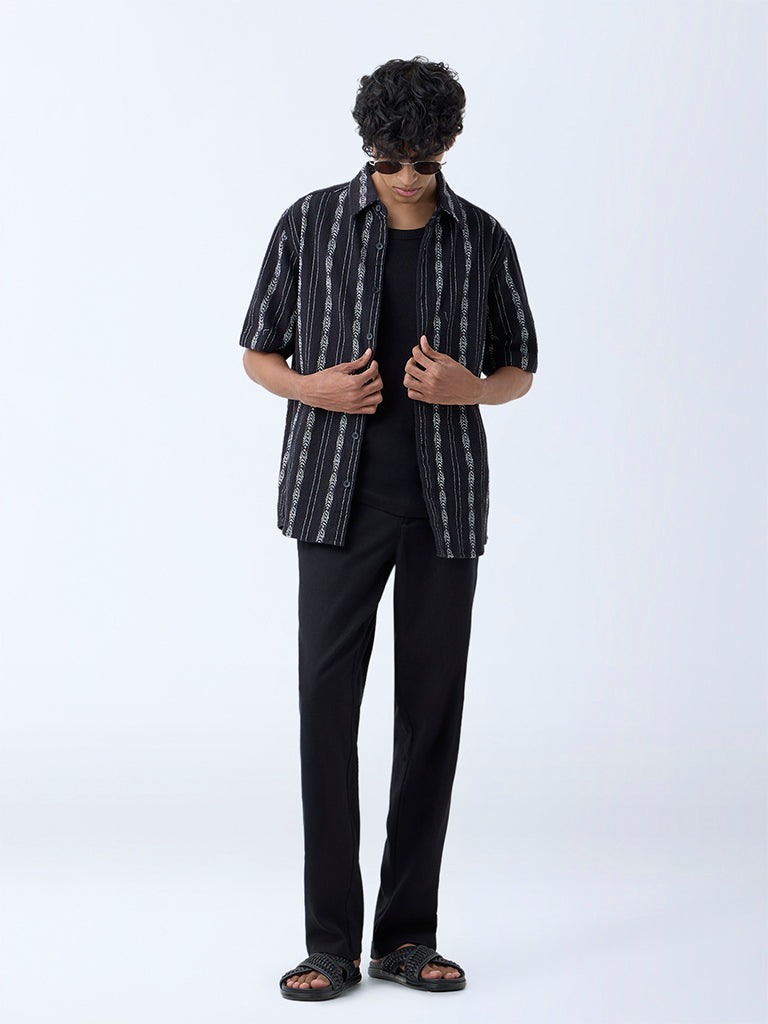 ETA Black Embroidered Relaxed-Fit Cotton Shirt