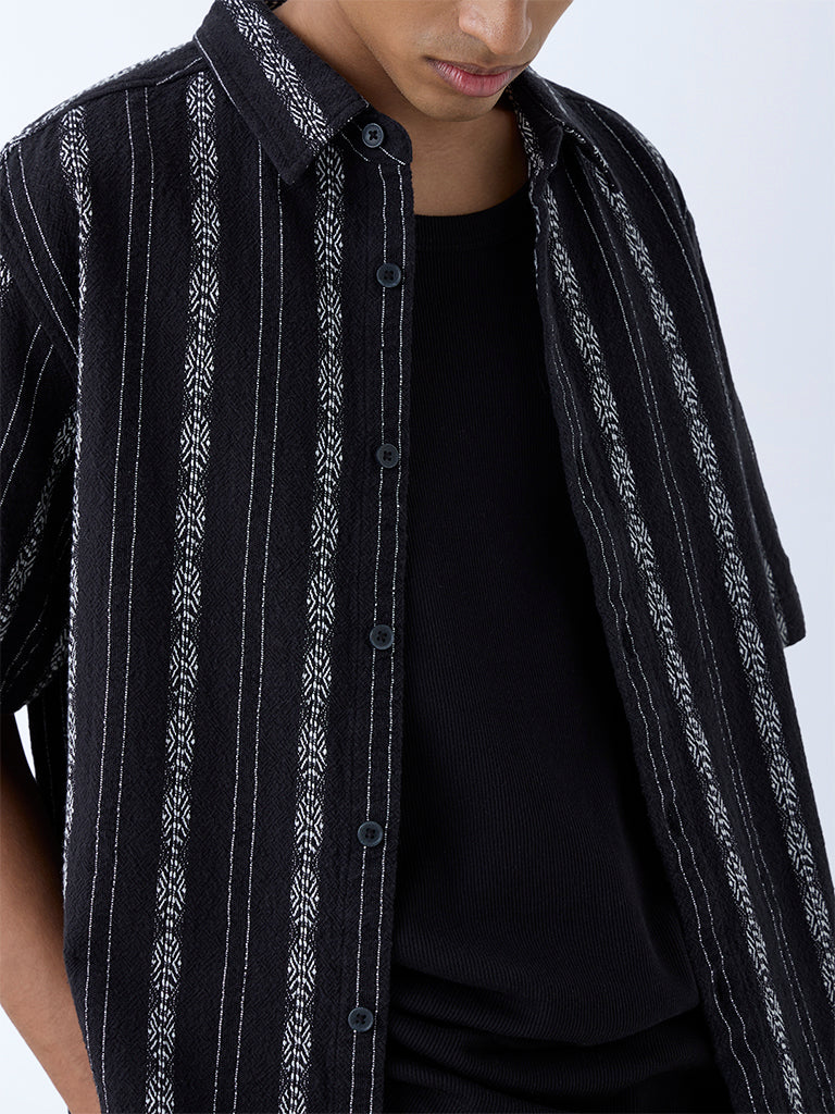 ETA Black Embroidered Relaxed-Fit Cotton Shirt