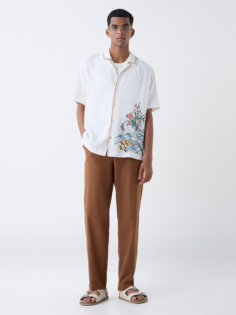 ETA White Embroidered Resort-Fit Cotton Shirt