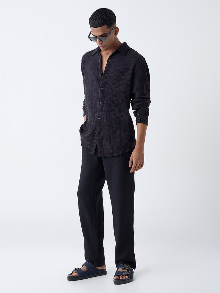 ETA Black Crinkle-Textured Relaxed-Fit Cotton Shirt