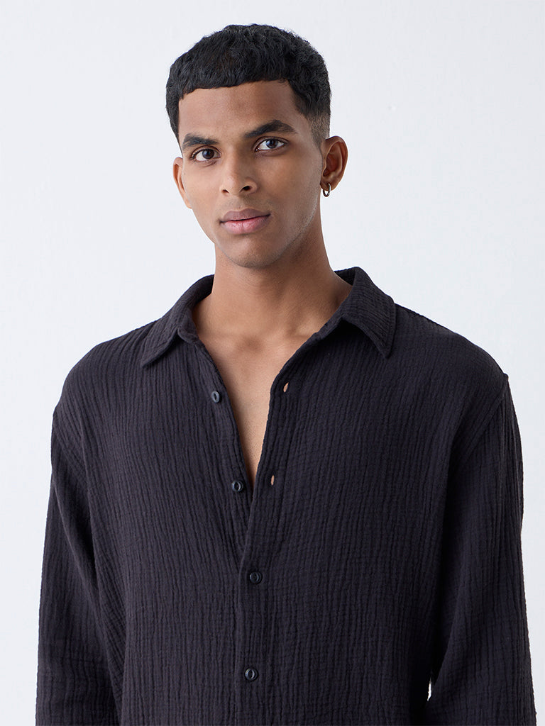 ETA Black Crinkle-Textured Relaxed-Fit Cotton Shirt
