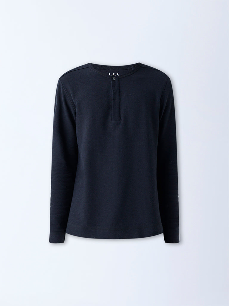 Westside ETA Men's Black Slim-Fit Cotton Henley T-Shirt for Casual Wear Flatly