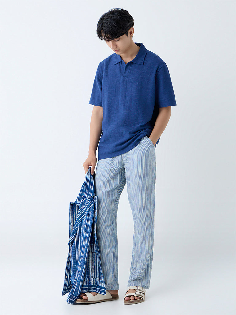 Westside ETA Men's Indigo Self Relaxed-Fit Cotton-Blend Polo T-Shirt for Casual Wear Full View