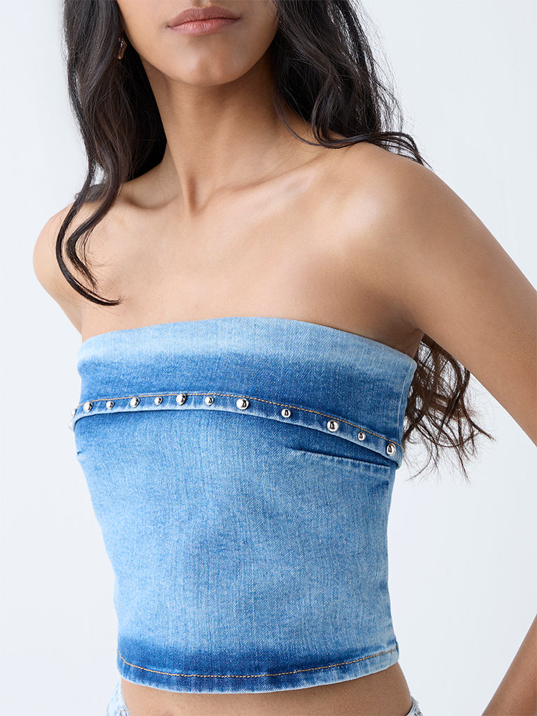 Westside Nuon Women's Blue Stud-Detailed Denim Tube Top for Casual Wear Zoomed View