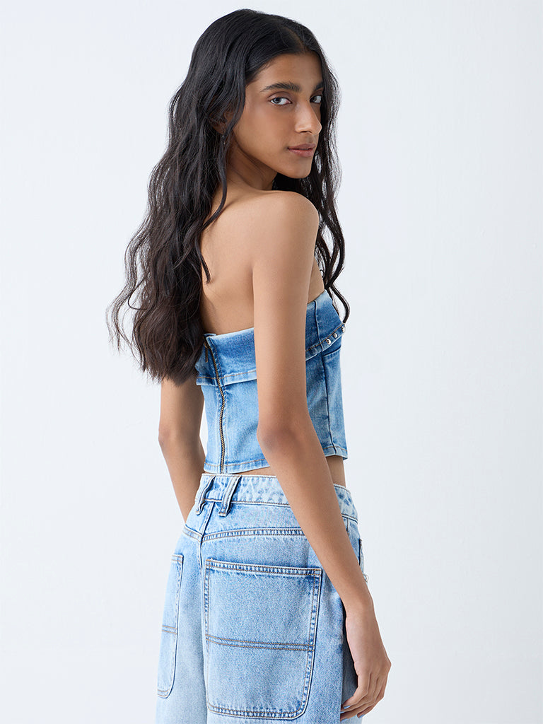 Westside Nuon Women's Blue Stud-Detailed Denim Tube Top for Casual Wear Back View
