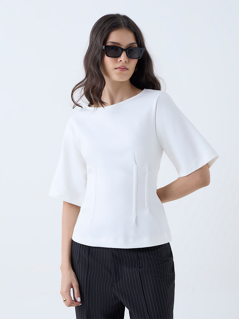 Westside Wardrobe Women's White Solid Cotton-Blend T-Shirt for Work Wear Front View