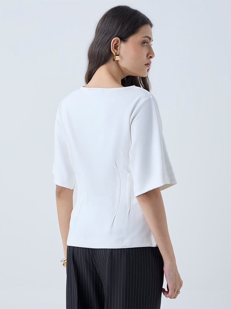 Westside Wardrobe Women's White Solid Cotton-Blend T-Shirt for Work Wear Back View