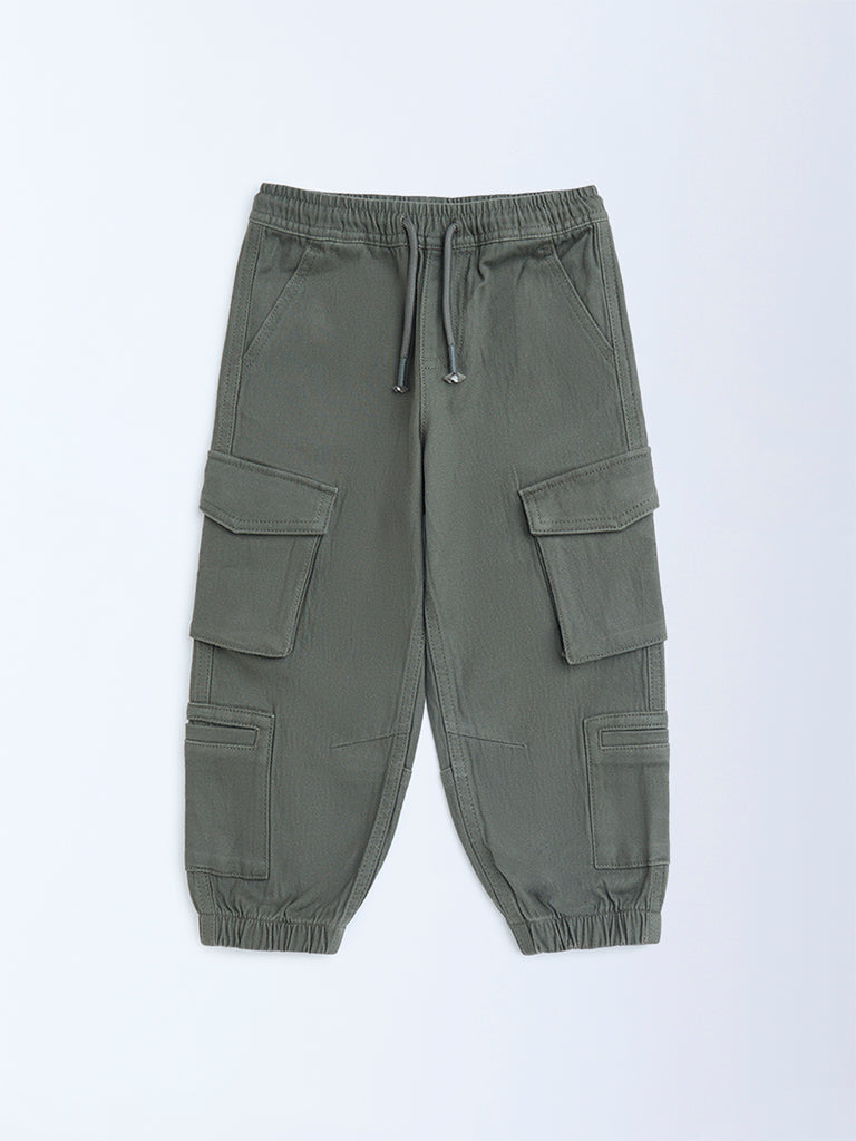 HOP Kids Boys Olive Solid Mid-Rise Cotton-Blend Joggers
