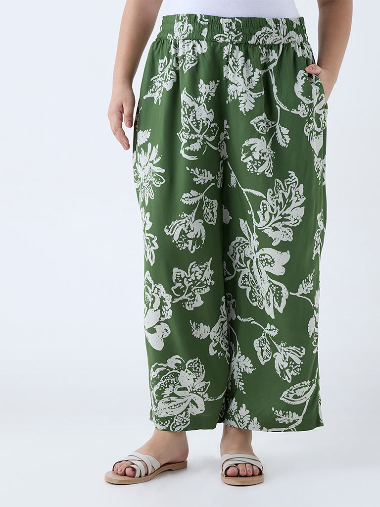 Westside Diza Women's Green Floral Design Ethnic Pants for Everyday Front View