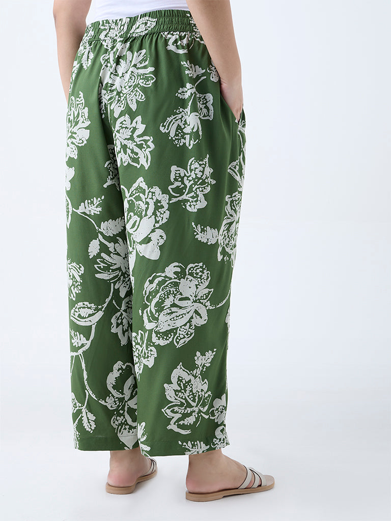 Westside Diza Women's Green Floral Design Ethnic Pants for Everyday Back View