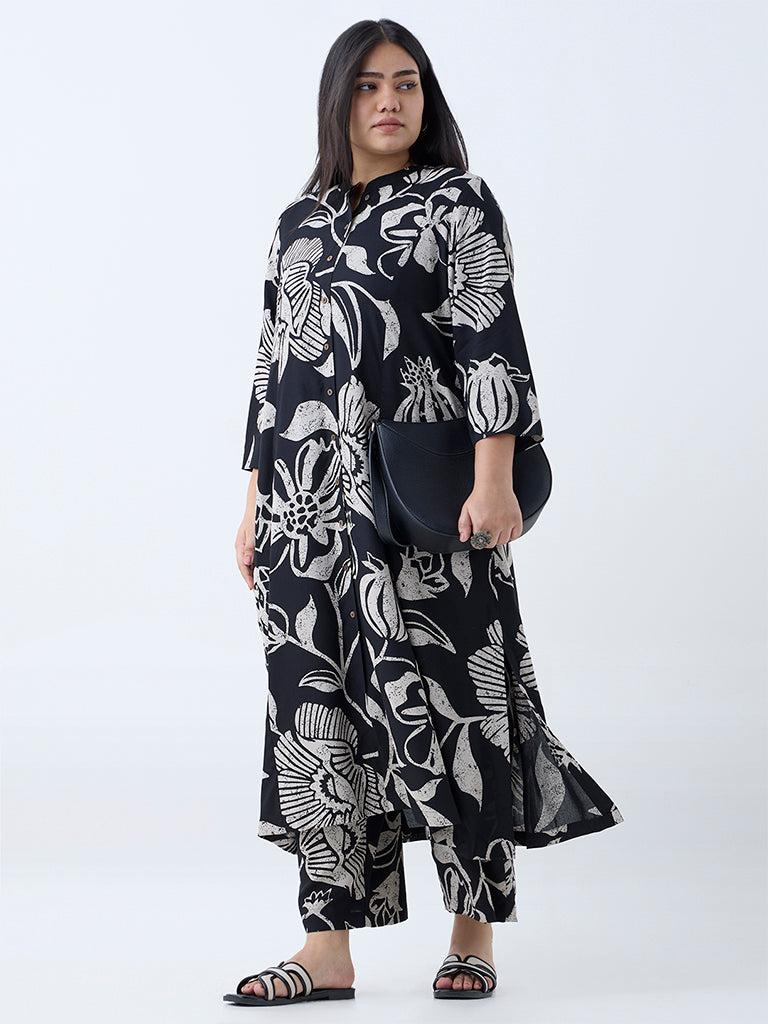 Westside Diza Women's Black Foliage Design A-Line Kurta for Work Wear Full View