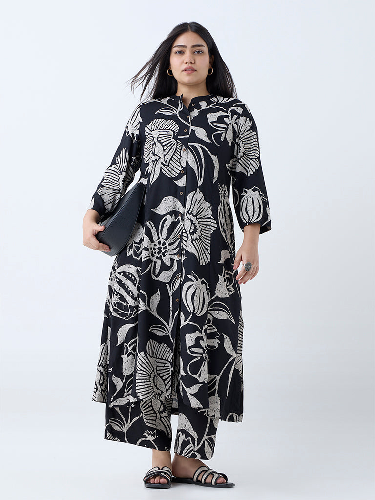 Westside Diza Women's Black Foliage Design A-Line Kurta for Work Wear Front View