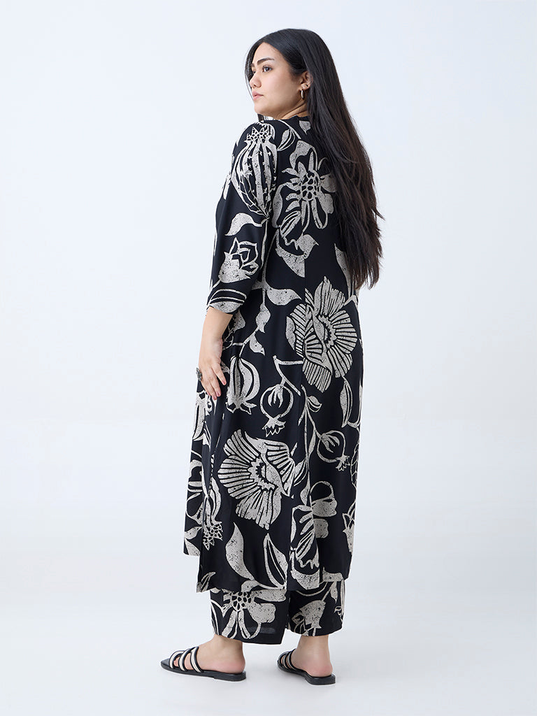 Westside Diza Women's Black Foliage Design A-Line Kurta for Work Wear Back View