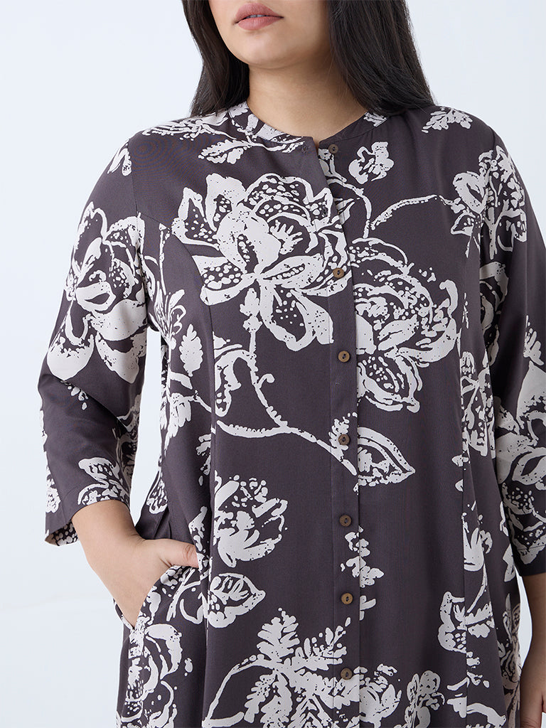 Westside Diza Women's Dark Brown Floral Pattern A-Line Kurta for Work Wear Zoomed View