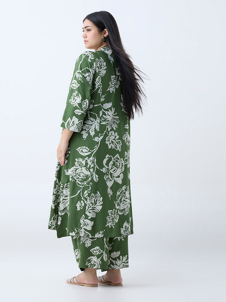 Westside Diza Women's Green Floral Design A-Line Kurta for Work Wear Back View