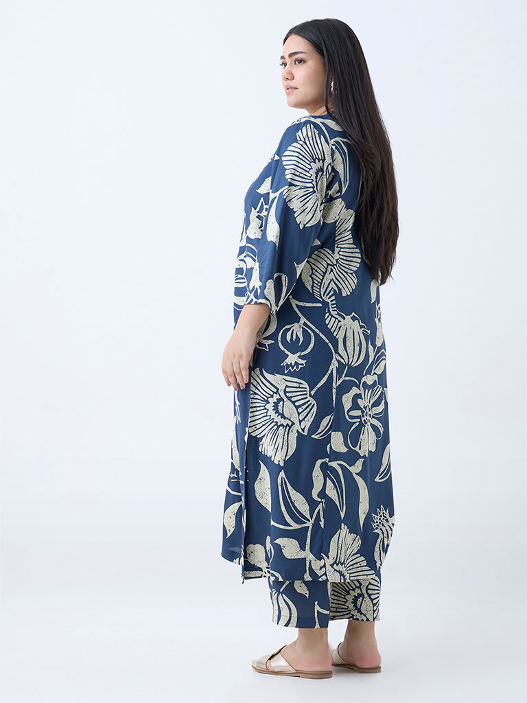 Westside Diza Women's Indigo Botanical Pattern A-Line Kurta for Work Wear Back View