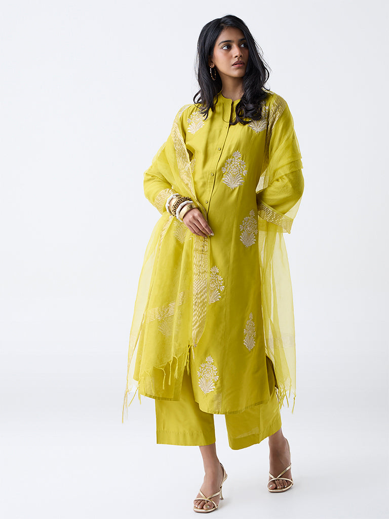 Vark Lime Floral Embroidered A-Line Ethnic Set