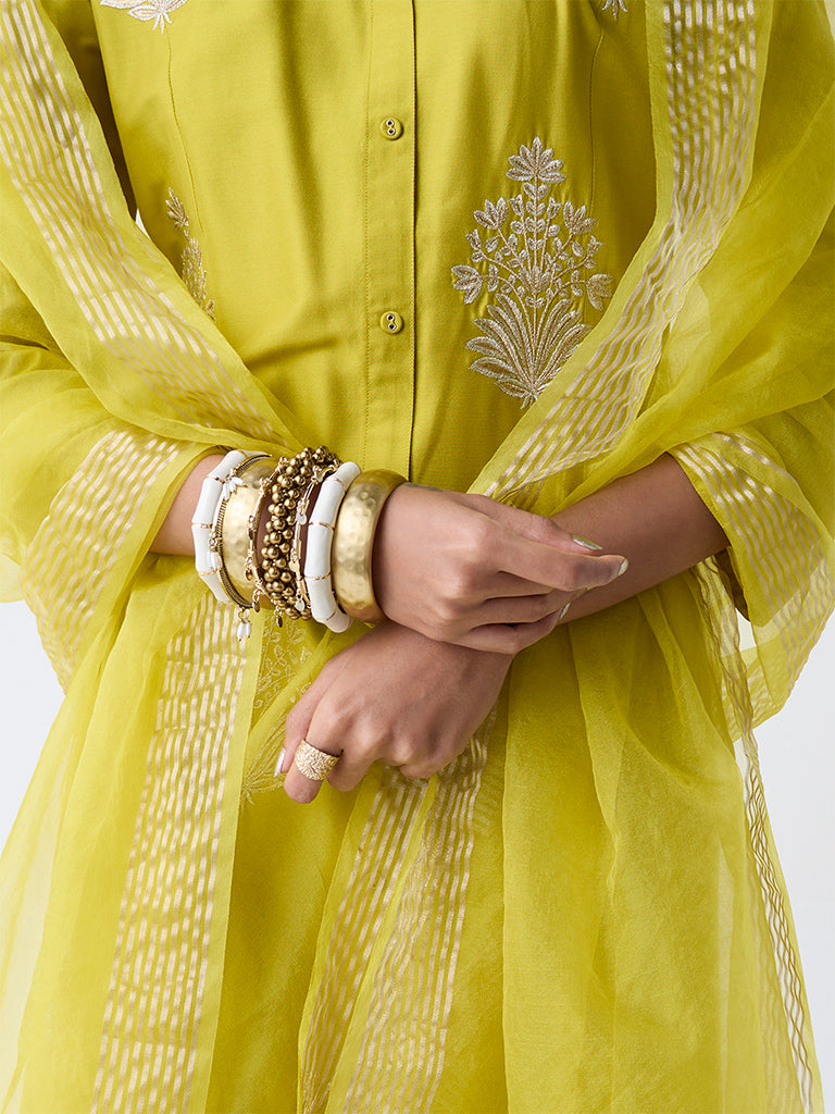 Vark Lime Floral Embroidered A-Line Ethnic Set