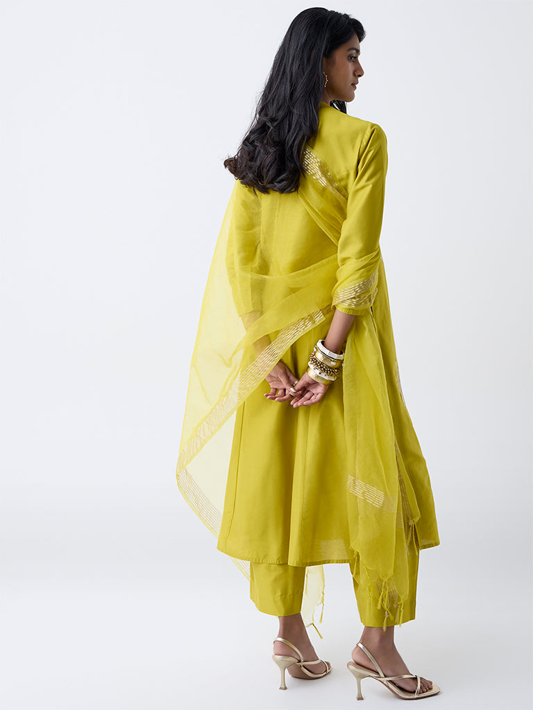 Vark Lime Floral Embroidered A-Line Ethnic Set