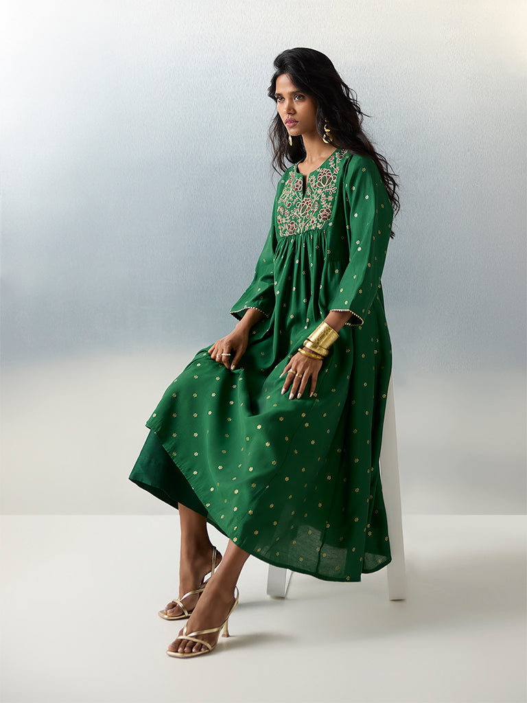 Utsa Green Embroidered A-Line Kurta