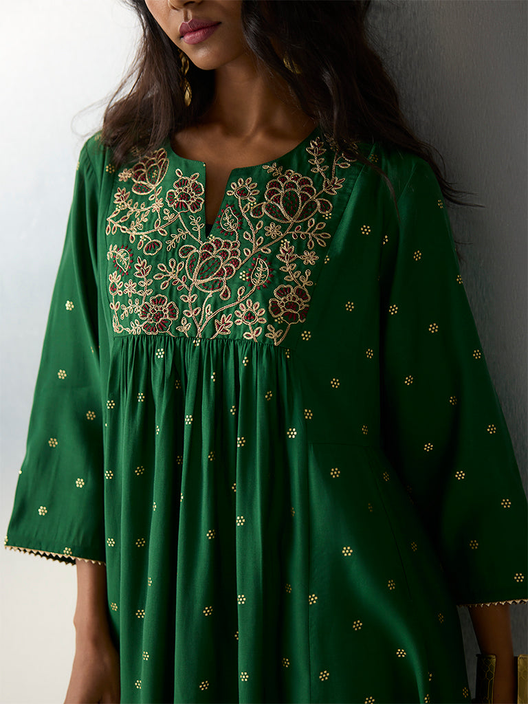 Utsa Green Embroidered A-Line Kurta