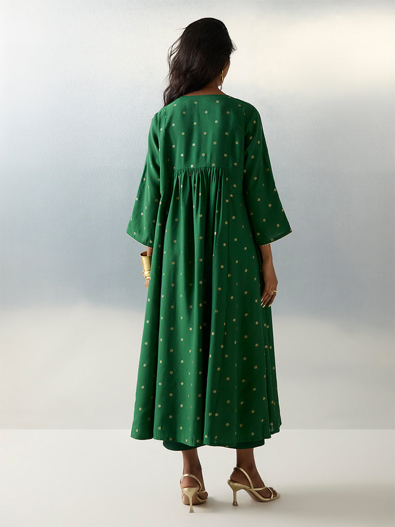 Utsa Green Embroidered A-Line Kurta