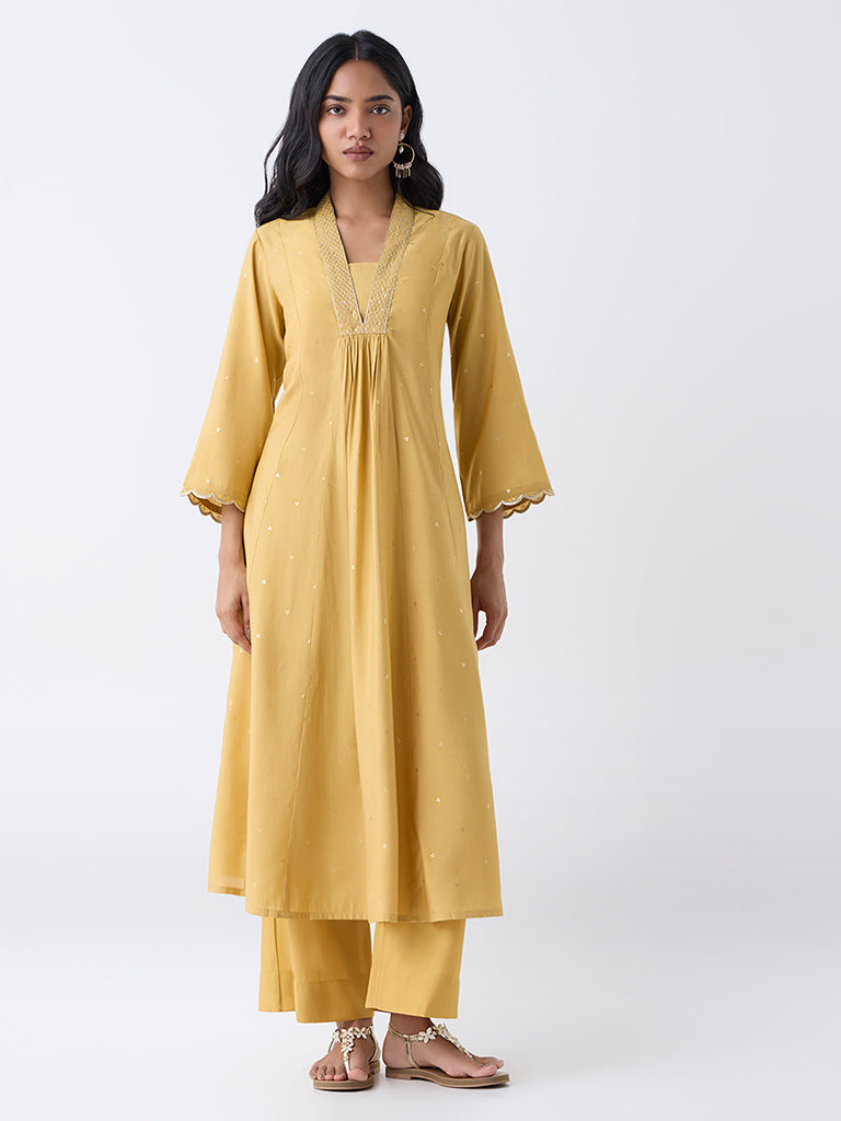 Utsa Mustard Embellished A-Line Kurta