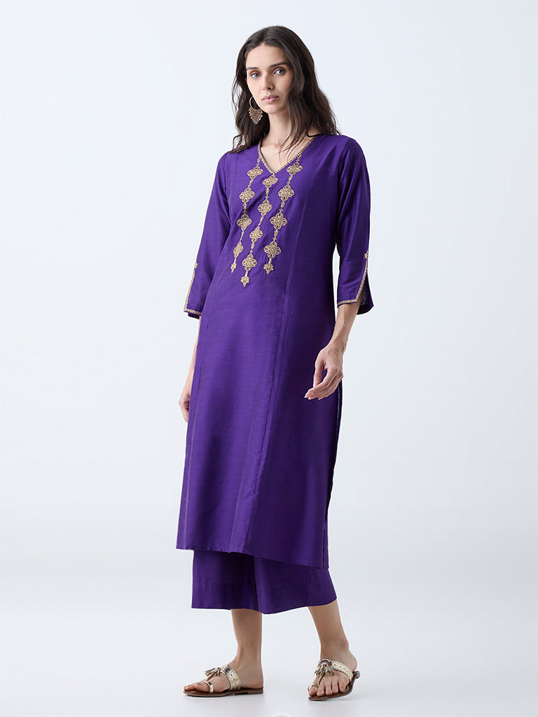 Westside Utsa Women's Purple Zari Embroidered Straight Kurta for Work Wear Full View