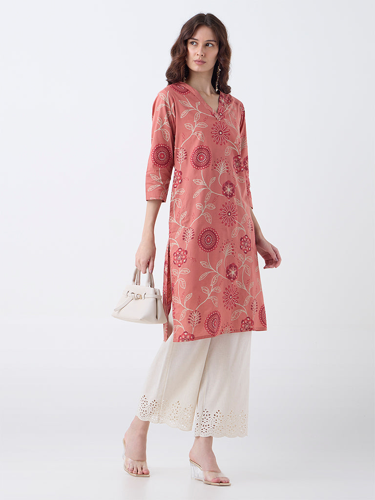 Westside Utsa Women's Coral Foliage Pattern Cotton Straight Kurta for Everyday Full View