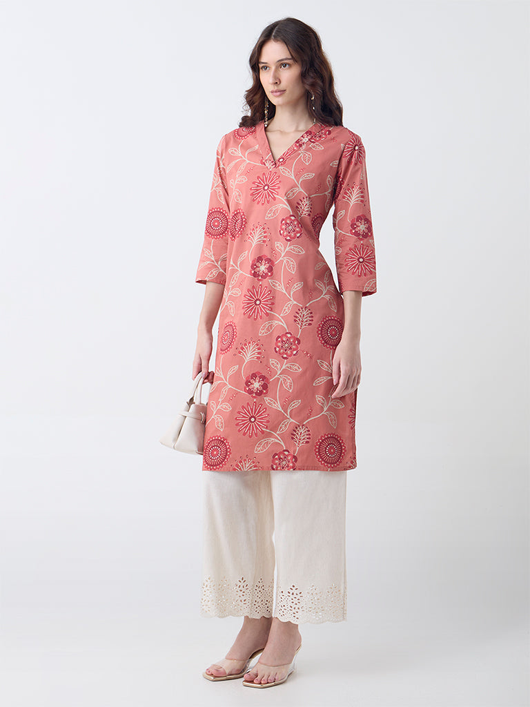 Westside Utsa Women's Coral Foliage Pattern Cotton Straight Kurta for Everyday Front view