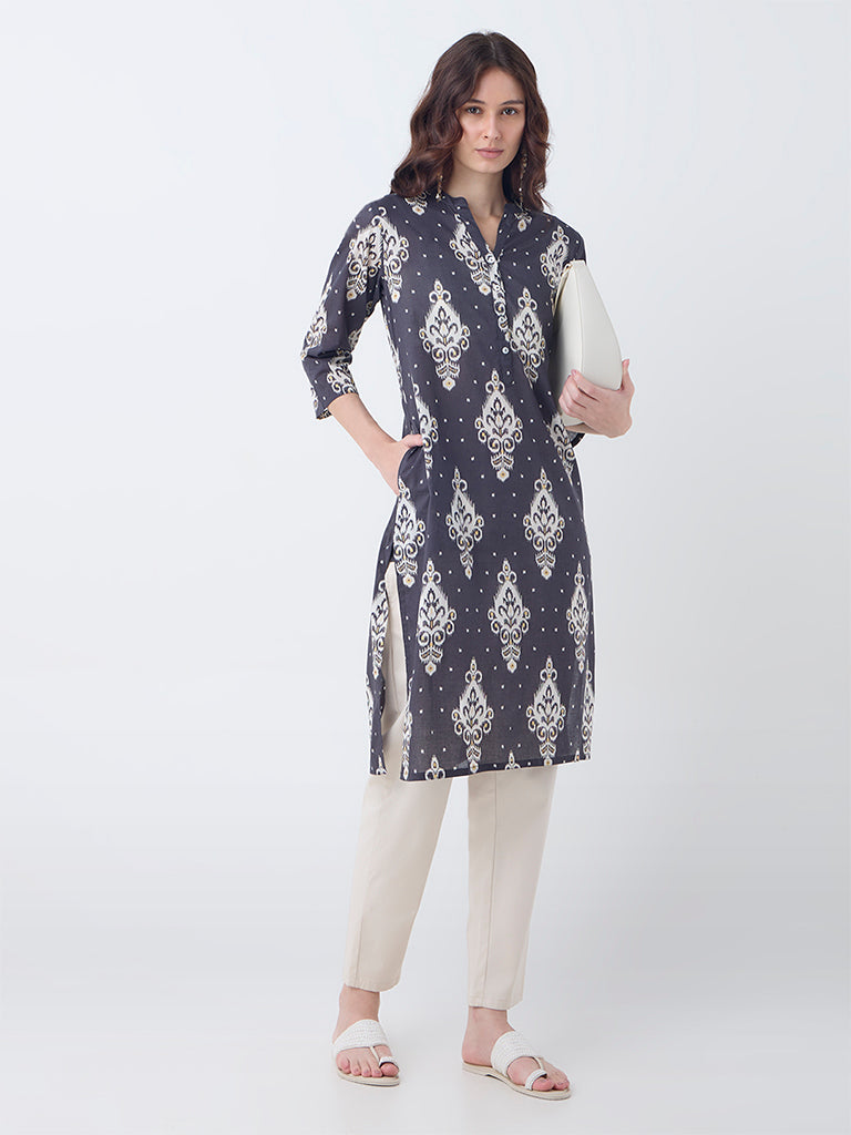 Westside Utsa Women's Black Ikat Printed Cotton Straight Kurta for Everyday Full View