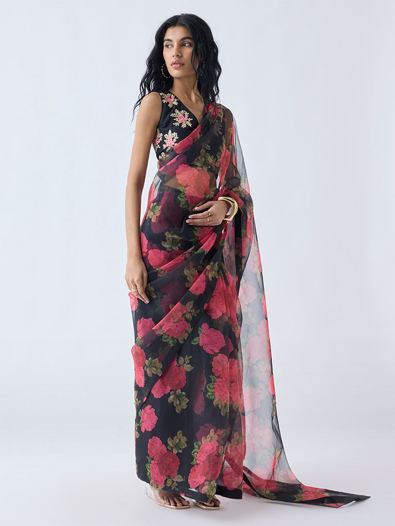 Vark Black Ready-To-Wear Saree with Ethnic Blouse Set