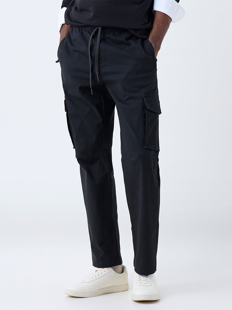 WES Casuals Black Relaxed-Fit Mid-Rise Cotton-Blend Pants