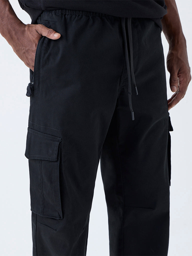 WES Casuals Black Relaxed-Fit Mid-Rise Cotton-Blend Pants